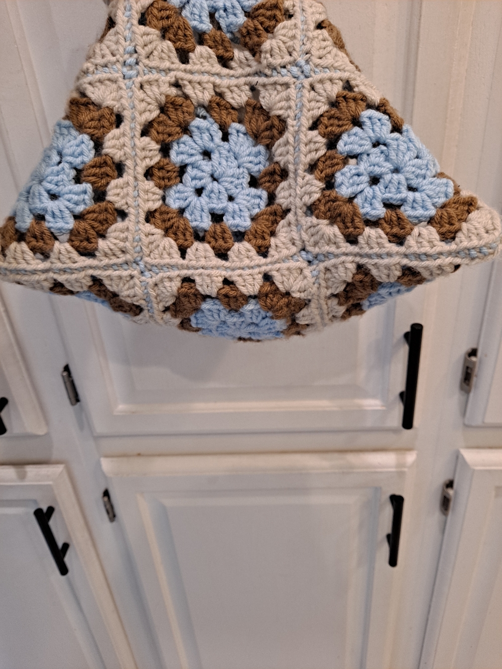 Artisan Crochet Tote Bag Cream, Light Blue & Brown Grannysquare Boho Cottagecore - Picture 7 of 11